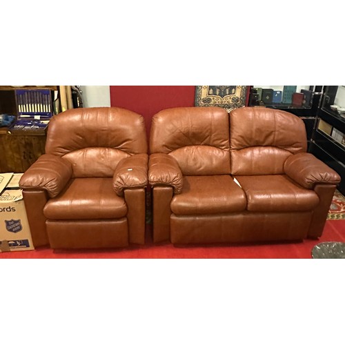 148 - G PLAN TWO PIECE SUITE IN TAN SOFT LEATHER CHAIR IS A RECLINER