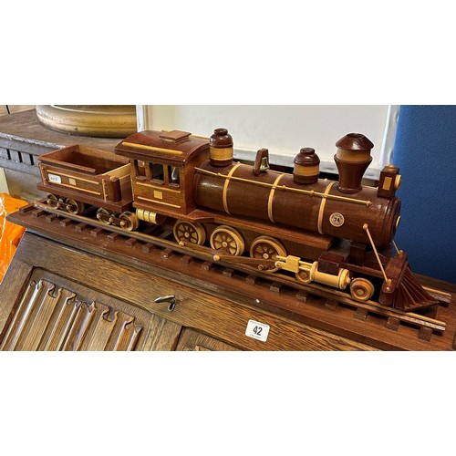 45B - HAND MADE WOODEN LOCOMOTIVE ON TRACK WITH COAL CARRIAGE