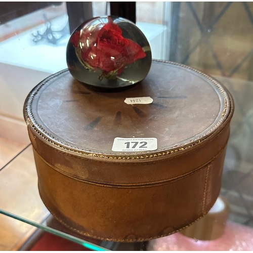 172 - VICTORIAN LEATHER COLLAR BOX CONTAINING SEWING EQUIPMENT AND A CANADIAN PAPERWEIGHT