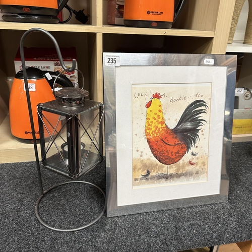 235 - LANTERN STYLE CANDLE HOLDER AND A CHICKEN IN A CHROME FRAME