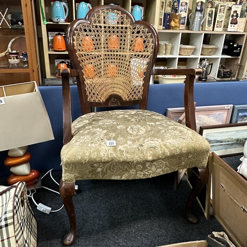 331 - 1930s FAN BACK CHAIR WITH OVER STUFFED SEAT ON QUEEN ANNE LEGS