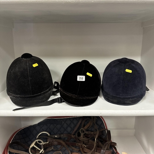 358 - SELECTION OF RIDING HATS INCLUDING HARRY HALL AND CHARLES OWEN