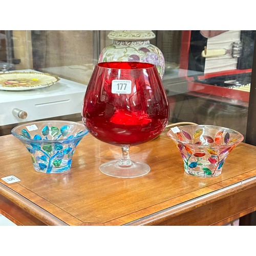 177 - TWO ZECCIN STYLE MURANO BOWLS AND A LARGE RUBY RED BRANDY GOBLET