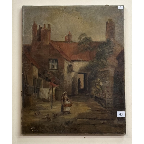 43 - EARLY 19TH CENTURY OIL ON CANVAS - COTTAGE COURTYARD SCENE, SIGNED BY K.HALL 1910