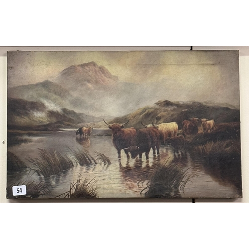 54 - VICTORIAN OIL ON CANVAS, HIGHLAND CATTLE GRAZING