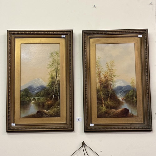 57 - GILT FRAMED - PAIR OF EARLY OIL PAINTING ON BOARD, DEPICTING MOUNTAIN RIVER SCENES