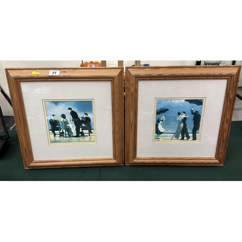 21 - TWO JACK VETTRIANO PRINTS IN PINE FRAMES