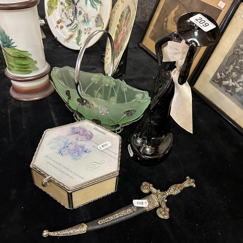 209 - ART DECO ENGLISH SATIN GREEN GLASS BASKET BAGLEY EVESHAM POSY SILVER METAL LEAF WITH MEMORY BOX, PEN... 