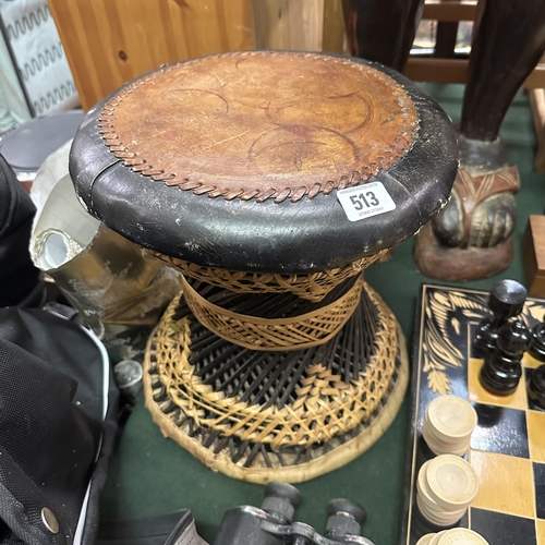 513 - HAND WOVEN WICKER AND LEATHER TOP STOOL