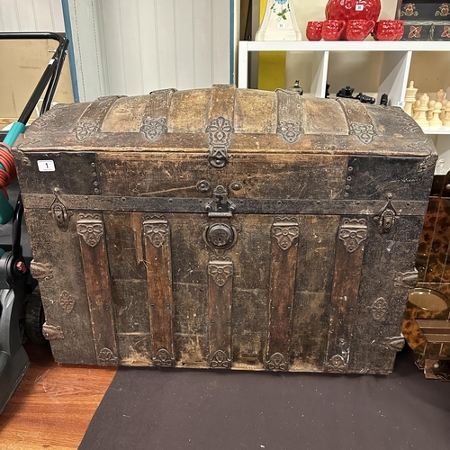 1 - EARLY VICTORIAN DOME TOP TRUNK WITH METAL AND WOOD BINDINGS