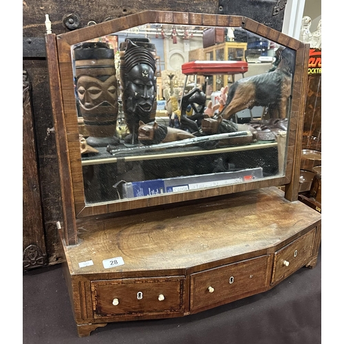 28 - PERIOD MAHOGANY INLAID DRESSING TABLE MIRROR WITH THREE DRAWERS ON BRACKET FEET