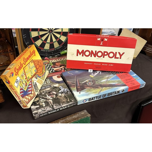 33 - VINTAGE BOARD GAMES INCLUDING MONOPOLY, BATTLE OF BRITAIN, SPIELE-SAMMLUNG AND DRAUGHTS