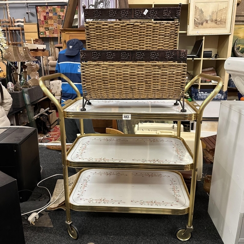 443 - VINTAGE TROLLY WITH DETACHABLE TRAYS AND A WICKER AND METAL MAGAZINE HOLDER