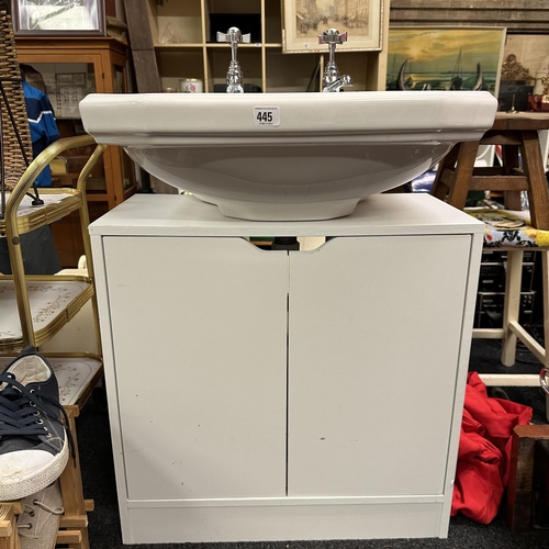 445 - PORCELAIN SINK WITH CHROME TAPS ON WHITE BATHROOM CABINET BASE