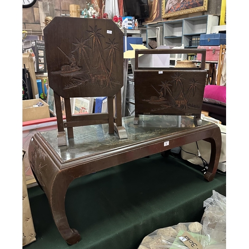 1 - VINTAGE MAHOGANY CARVED COFFEE TABLE WITH GLASS TOP AND MATCHING FOLDING TABLE AND MAGAZINE HOLDER