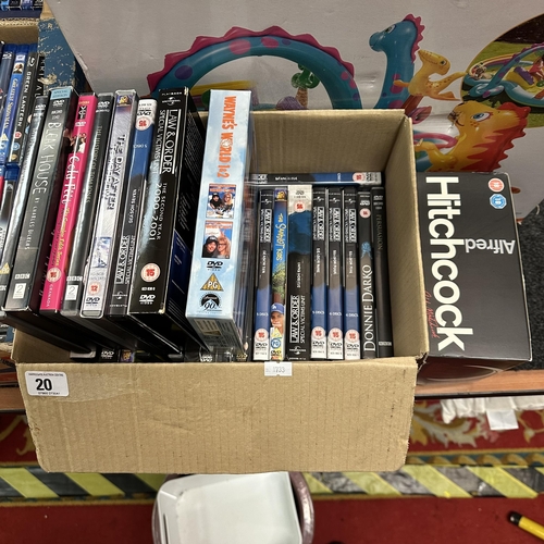 20 - BOX OF DVDS INCLUDING FULL SET OF ALFRED HITCHCOCK MOVIES IN BOX