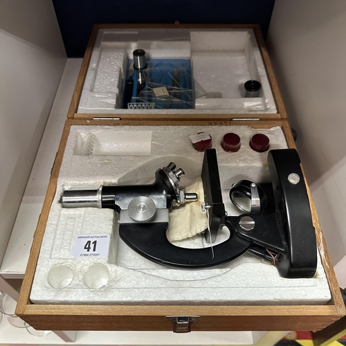 41 - VINTAGE MICROSCOPE IN WOODEN BOX WITH SLIDES AND TOOLS