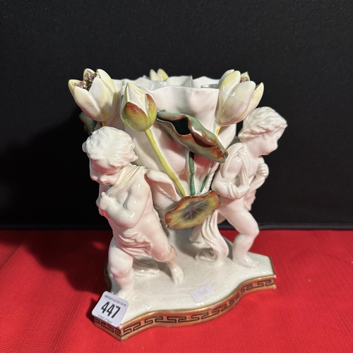 447 - VICTORIAN MOORE BROTHERS HAND DECORATED PORCELAIN COMPORT DECORATED WITH CHERUBS AND FLOWERS