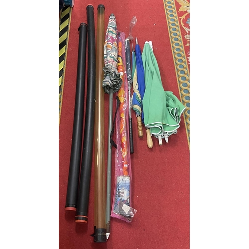 28 - SELECTION OF ITEMS INCLUDING PARASOLS, KITES AND ROD TUBES