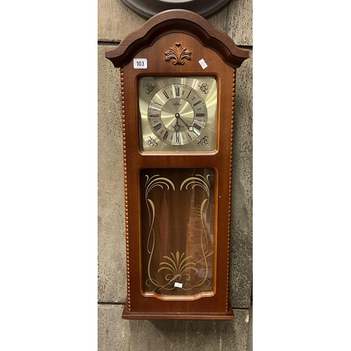 103 - MAHOGANY WALL CLOCK WITH BRASS FACE BY ABBEY OF LINCOLN