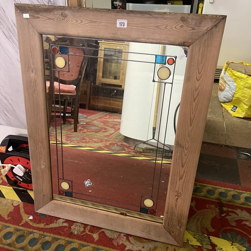 173 - LEADED GLASS OAK FRAMED MIRROR