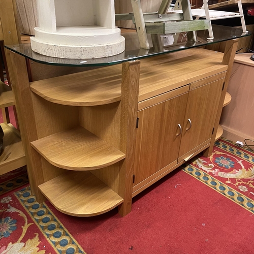 198 - GOLDEN OAK SIDEBOARD WITH SAFETY GLASS TOP