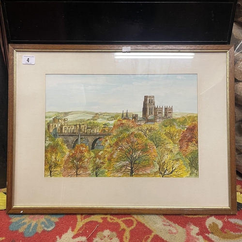 4 - FRAMED WATERCOLOUR OF DURHAM CATHEDRAL AND CASTLE BY JANE REGIS 1989