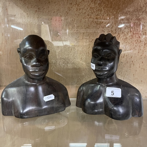 5 - PAIR OF CARVED WOODEN AFRICAN BUSTS