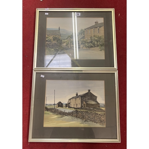 70 - TWO COUNTRY VILLAGE SCENES IN METAL FRAMES BY JANE PEARSON