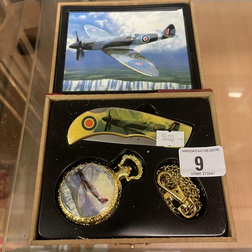 9 - BOXED SPITFIRE POCKET KNIFE AND FOB WATCH SET COMPLETE WITH CHAIN