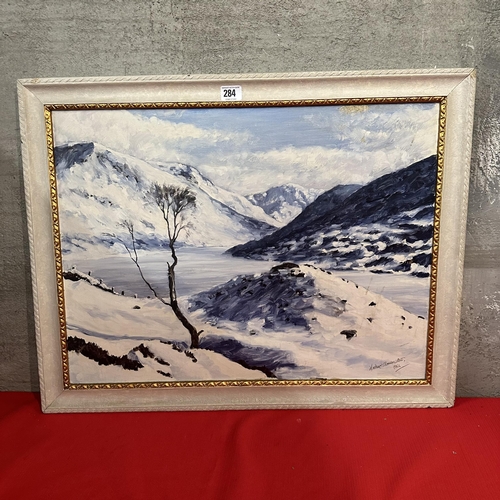 284 - OIL ON BOARD BY ANDREW THOMPSON STOTT 1962, MOUNTAIN SNOW SCENE