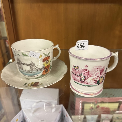 454 - MOUSTACHE CUP WITH SAUCER AND AN EARLY VICTORIA AND ALBERT MUG