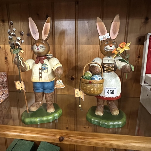 468 - TWO LARGE WOODEN EASTER BUNNIES BY HUBRIG VOLKSKUNST MADE IN GERMANY 11” TALL