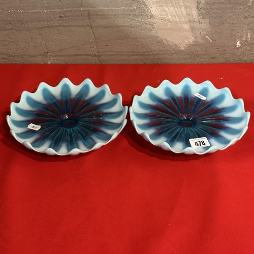 478 - TWO PEARLINE GLASS CAKE PLATES ON FEET