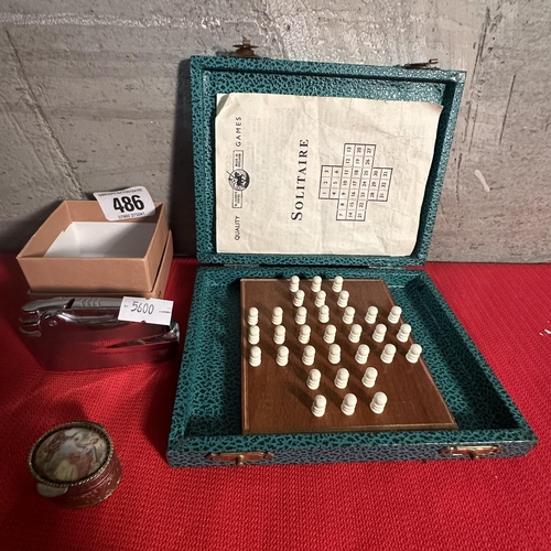 486 - VINTAGE RONSON LIGHTER AND A SILVER PLATED LIMOGE STYLE PILL BOX AND GAME