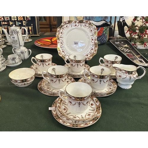 509 - VINTAGE ARKLOW ROYAL LINDEN FINE IRISH BONE CHINA TEA SET WITH CAKE PLATE AND SIX VICTORIAN FILIGREE... 