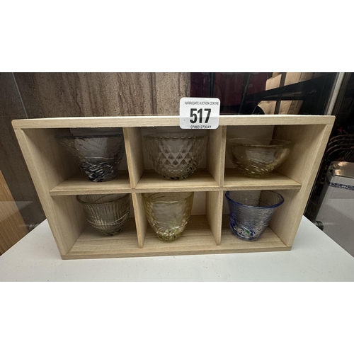 517 - 6 DECORATIVE SAKE GLASSES IN WOODEN DISPLAY