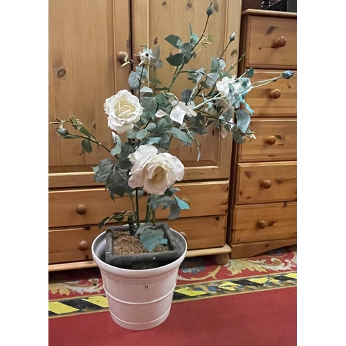 11 - WHITE GLAZED PLANT POT CONTAINING FAUX ROSE PLANT