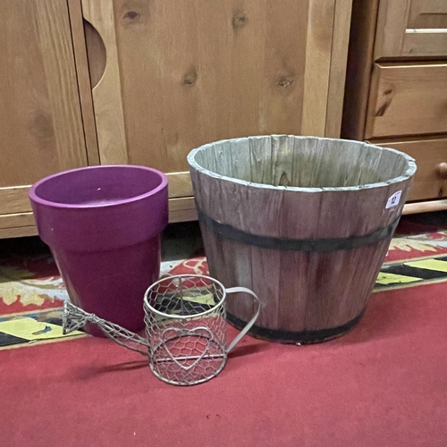 12 - WOODEN BARREL PLANTER AND PURPLE PLANT POT