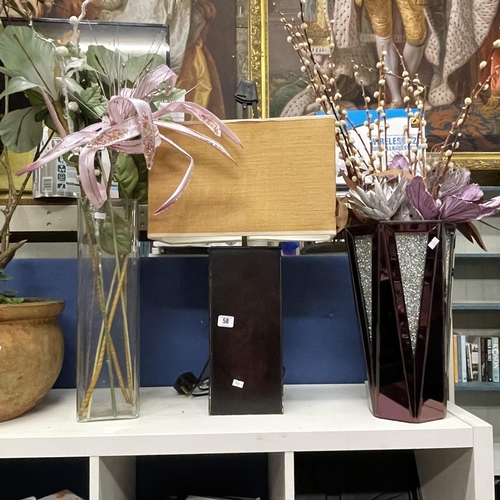 58 - MODERN LEATHER LAMP AND TWO LARGE CONTEMPORARY VASES WITH FLOWER ARRANGEMENTS