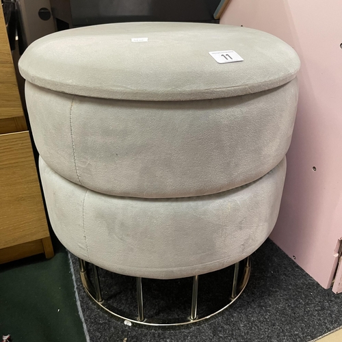 11 - GREY VELVET AND STAINLESS STEEL ROUND STORAGE OTTOMAN STOOL