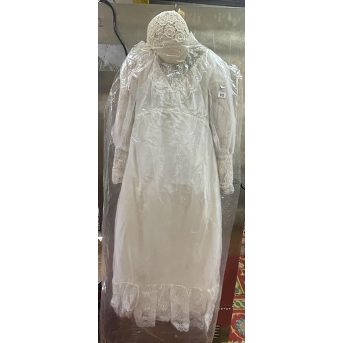 112 - VINTAGE WEDDING DRESS WITH LACEWORK COMPLETE WITH TRAIN AND SKULL CAP