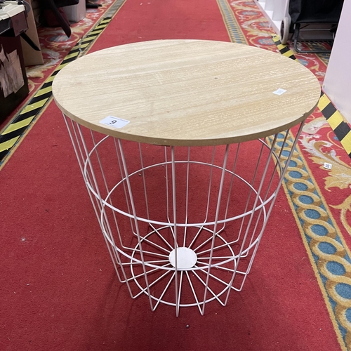 9 - ROUND SIDE END TABLE WITH METAL WIRE BASKET AND REMOVABLE WOODEN TOP