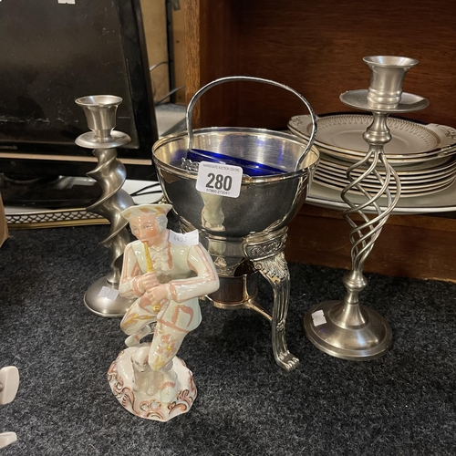 280 - SILVER PLATED BURNER, STAINLESS STEEL CANDLE HOLDERS AND WEDGWOOD & SONS SHEPHERD FIGURE