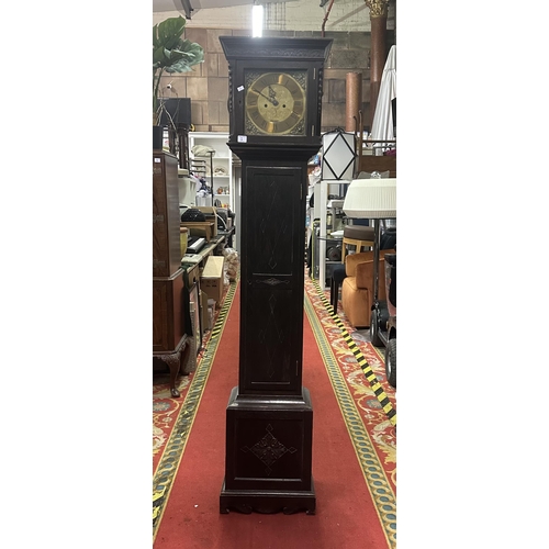 1 - OAK GRANDFATHER CLOCK WITH ENGRAVED BRASS DIAL INSCRIBED PEARCE & SONS LTD LEEDS