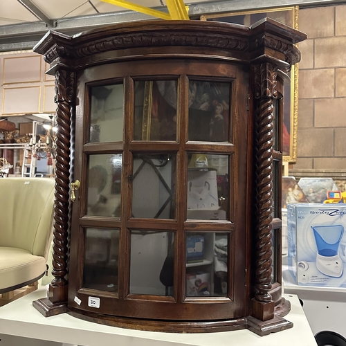 30 - POLISHED MAHOGANY WALL MOUNTED CABINET WITH BARLEY SUGAR TWIST COLUMN SIDES