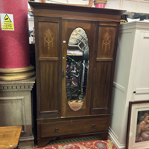 5 - EDWARDIAN INLAID WARDROBE WITH CENTRE MIRRORED DOOR WITH BEVELLED GLASS