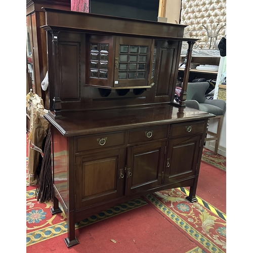 209 - STUNNING POLISHED MAHOGANY ART NOUVEAU SIDEBOARD WITH BRASS YORKSHIRE ROSE HANDLES AND LANTERN TOP B... 