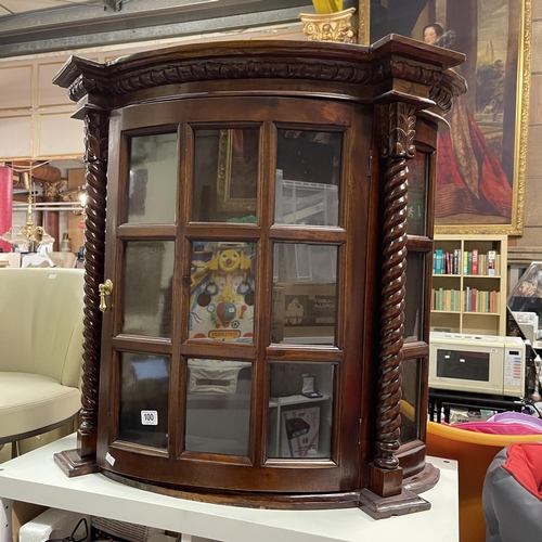 100 - POLISHED MAHOGANY WALL MOUNTED CABINET WITH BARLEY SUGAR TWIST COLUMN SIDES