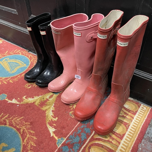 133 - HUNTERS WELLINGTONS, BLACK UK 3, PINK UK 3, RED UK 9